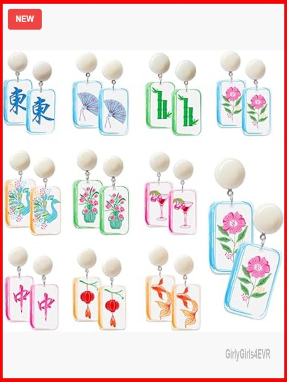10 Pair Mahjong Tile Dangle Earrings Set Acrylic Geometric Jewelry